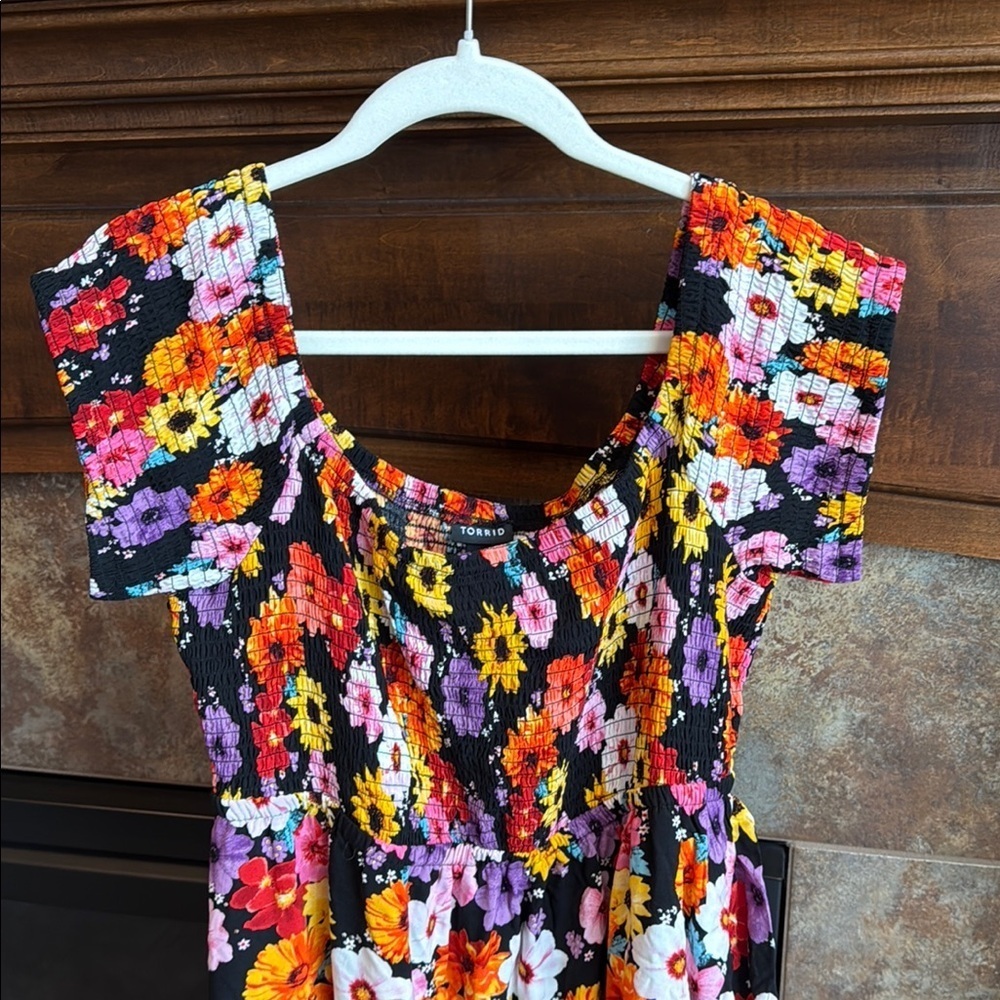 Torrid Maxi Challis Off-Shoulder Dress bright color flower smocked top 18/20 (2) - Picture 3 of 12